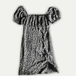 Floral Puff Sleeve Women’s Dress - Blue and White